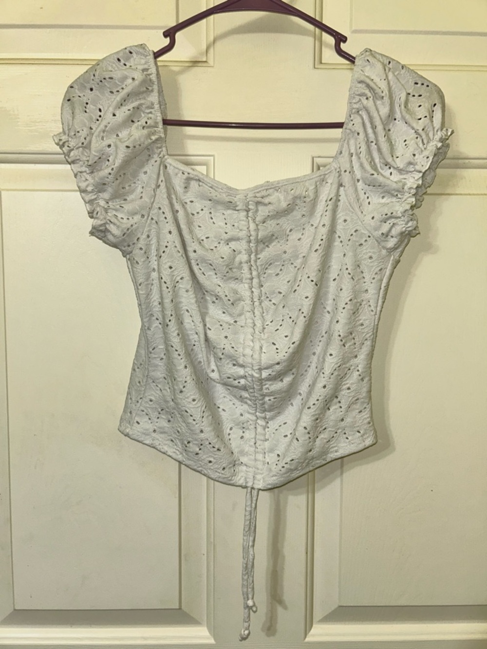 White Eyelet Square-Neck Puff Sleeve Top with Tie Front